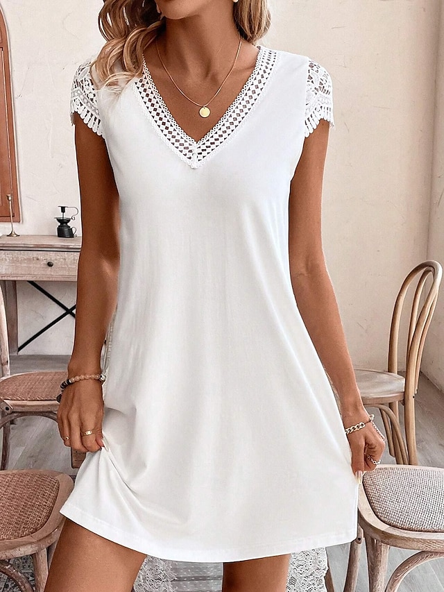  Women's Summer Dress Mini Dress Lace Elegant V Neck Short Sleeve White Color