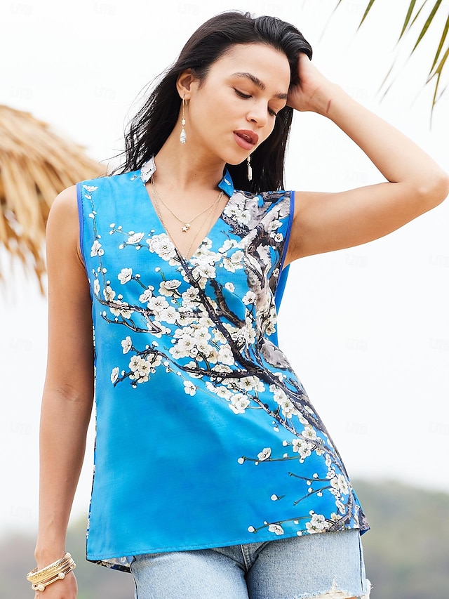  Pentru femei Bluză Floral Imprimeu Casual Concediu Modă Fără manșon În V Roșu-aprins Vară