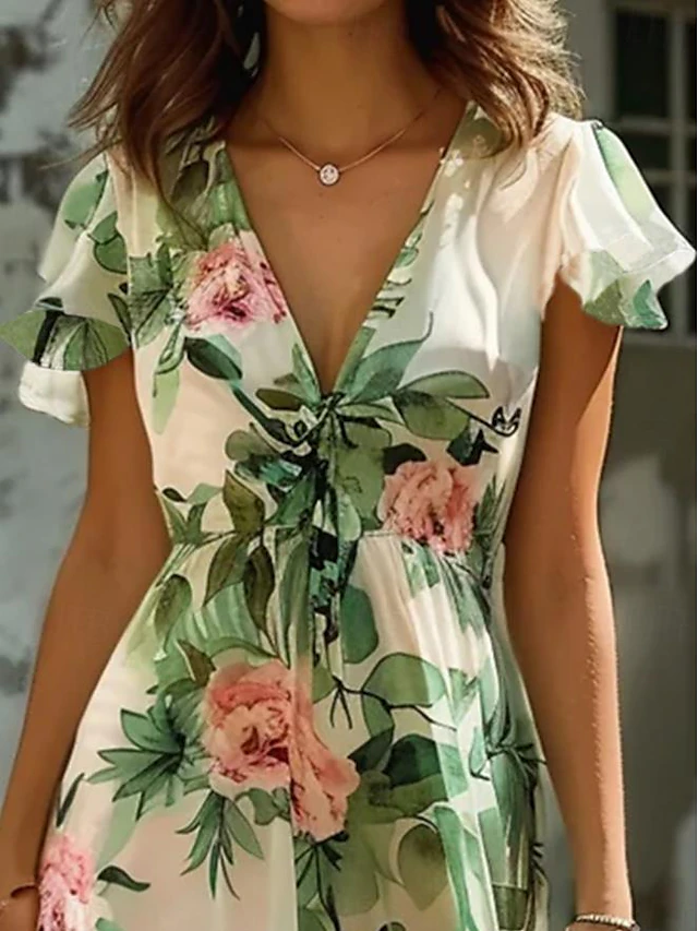 Women's Midi Dress Floral V-Neck A-Line Flutter Sleeve Rose Pattern ...