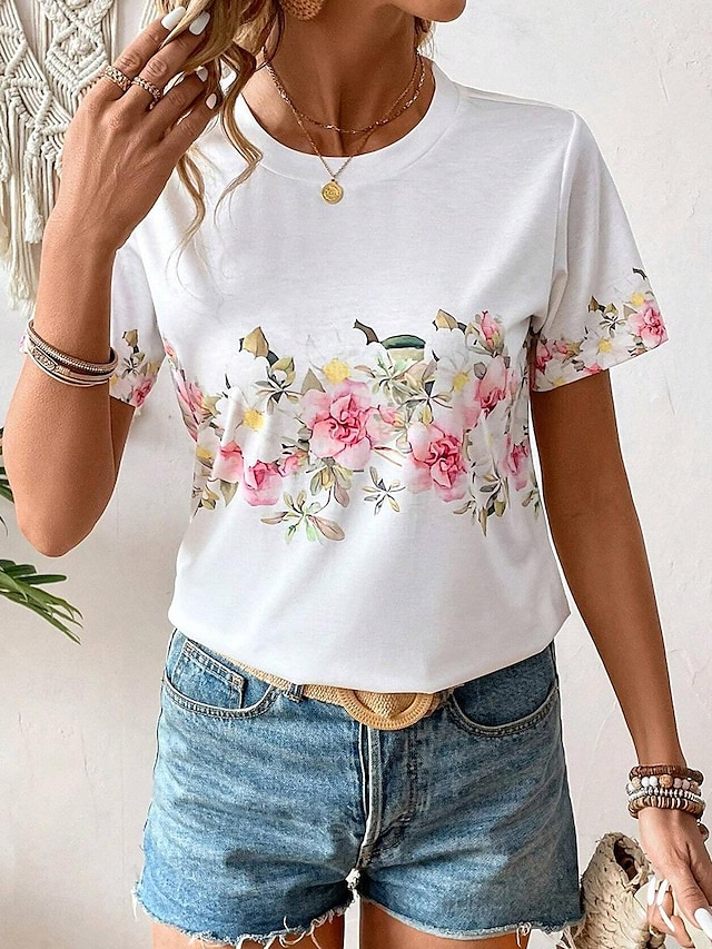  Dame T-shirt Blomstret Daglig Weekend Hvid Kortærmet Elegant Mode Rund hals Sommer