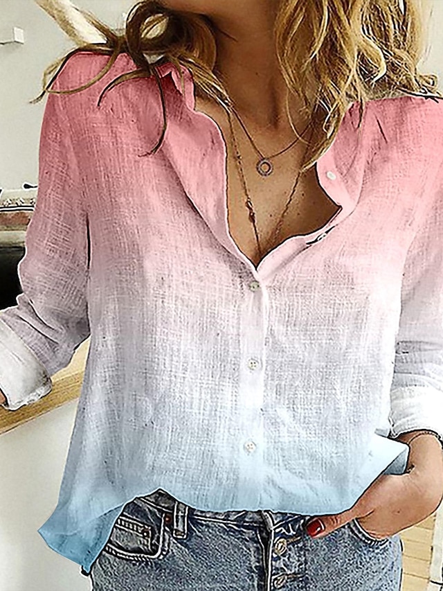  Dame Skjorte Bluse Fargegradering Knapp Trykt mønster Daglig Feriereise Fritid Langermet Skjortekrage Rosa Vår sommer