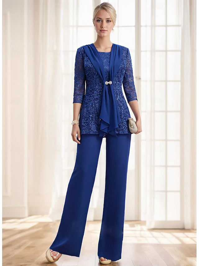 Sheath Pantsuit 3 Piece Mother of the Bride Elegant Vintage Party Cowl Neck Bateau Neck Jewel Neck Floor Length Chiffon Lace Sleeveless 3/4 Length Sleeve Half Sleeve with 16