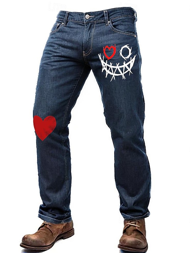 Herrenjeans mit Smiley- und Herz-Print, mittelhoher Taillenbund, Skinny Fit, dehnbare Slim-Fit-Jeans, modische Denim-Hose mit konischem Bein