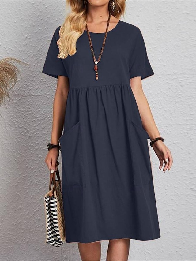  Femmes Rose Claire bleu marine Marron Été Printemps Robe Midi Robes inspirées du lin Robe en coton et lin Robe trapèze Occasionnel Quotidien Week-end Coupe Ample Uni Col ras du cou