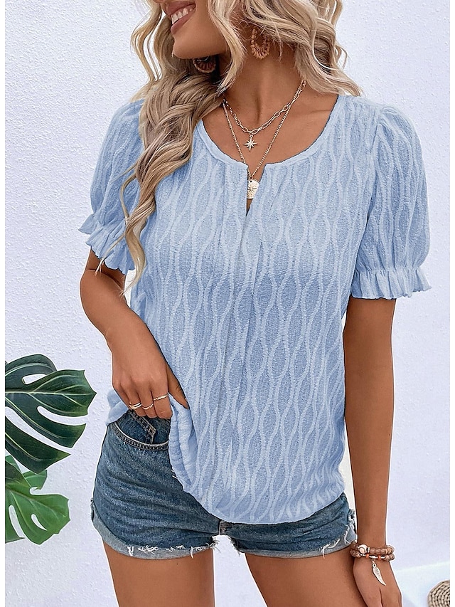  Per donna Camicia in pizzo Manica corta Girocollo Nero Bianco Blu Viola Estate