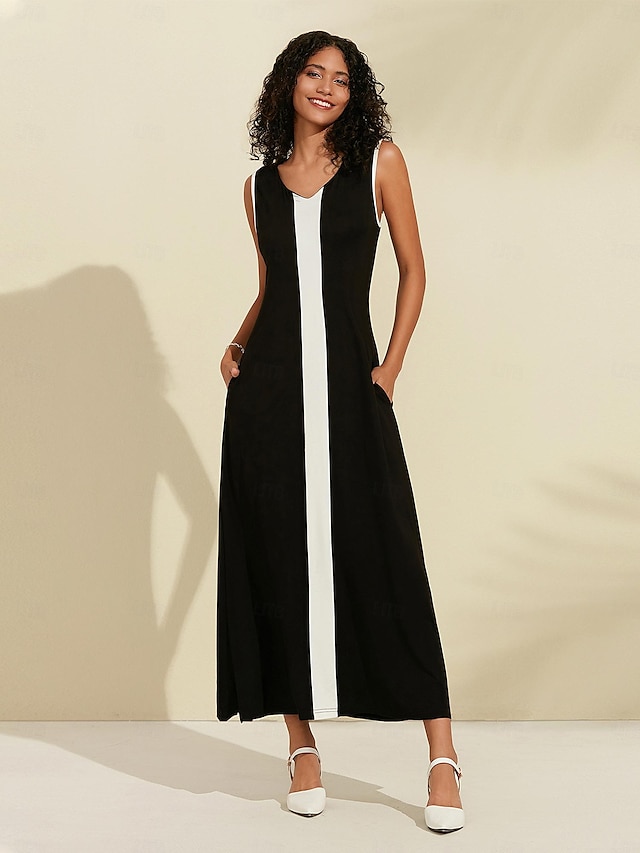  γυναικείο μαύρο μάξι φόρεμα μοντάλ χρώμα μπλοκ αμάνικο v λαιμόκοψη σε γραμμή πλεκτό κομψό φόρεμα