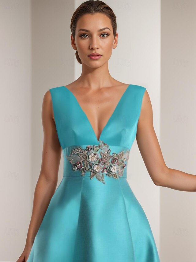 A-Line Evening Gown Empire Dress Formal Prom Floor Length Sleeveless V Neck Pocket Satin Backless with Beading Appliques main image 1