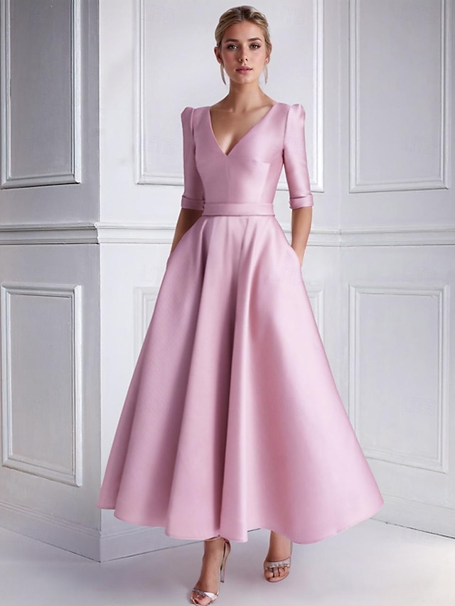  A-Line Cocktail Dresses Elegant Dress Formal Wedding Guest Tea Length Half Sleeve V Neck Satin with Pocket 2024
