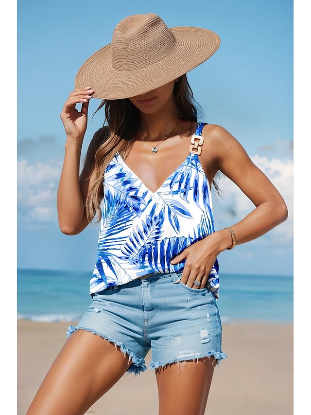  Pentru femei Bluză Grafic Vacanță Imprimeu Albastru piscină Fără manșon Hawaiană În V Vară