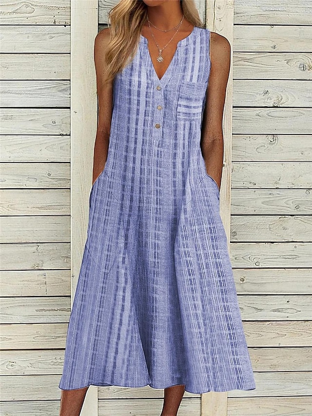  Women's Casual Dress Tank Dress Plaid Button Pocket Split Neck Midi Dress Stylish Casual Daily Date Sleeveless Summer