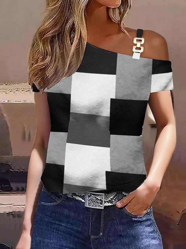  Naisten T-paita Kuvitettu Geometrinen Skottiruutukuvio Painettu Päivittäin Viikonloppu Muoti Lyhythihainen Yksiolkaiminen Musta Kesä