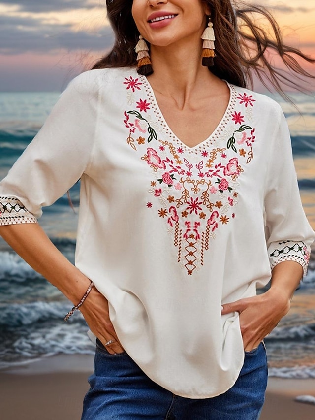  Women's Summer Tops Blouse Embroidered White 3/4 Length Sleeve V Neck Summer Spring