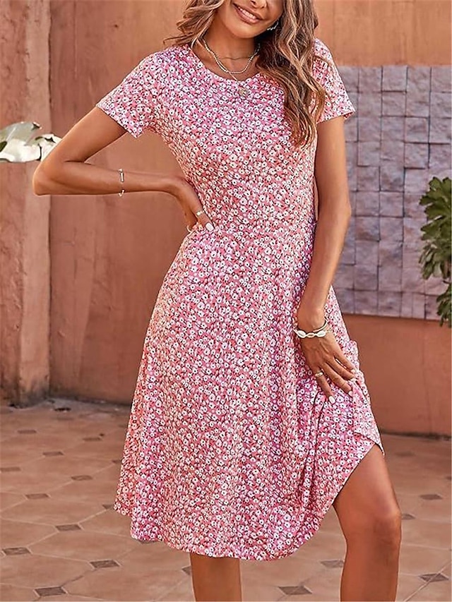  Γυναικεία Καθημερινό φόρεμα Φλοράλ Στάμπα Λαιμόκοψη V Μίντι φόρεμα Στυλάτο Καθημερινό Καθημερινά Διακοπές Κοντομάνικο Καλοκαίρι