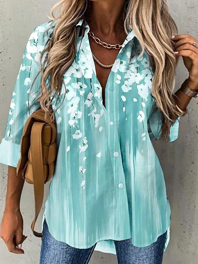Women's Chiffon Shirt Light Gradient Floral Print Casual Button-Down Long Sleeve Lapel Collar Tops Blouse Breathable Relaxed Fit Multiple Sizes 6
