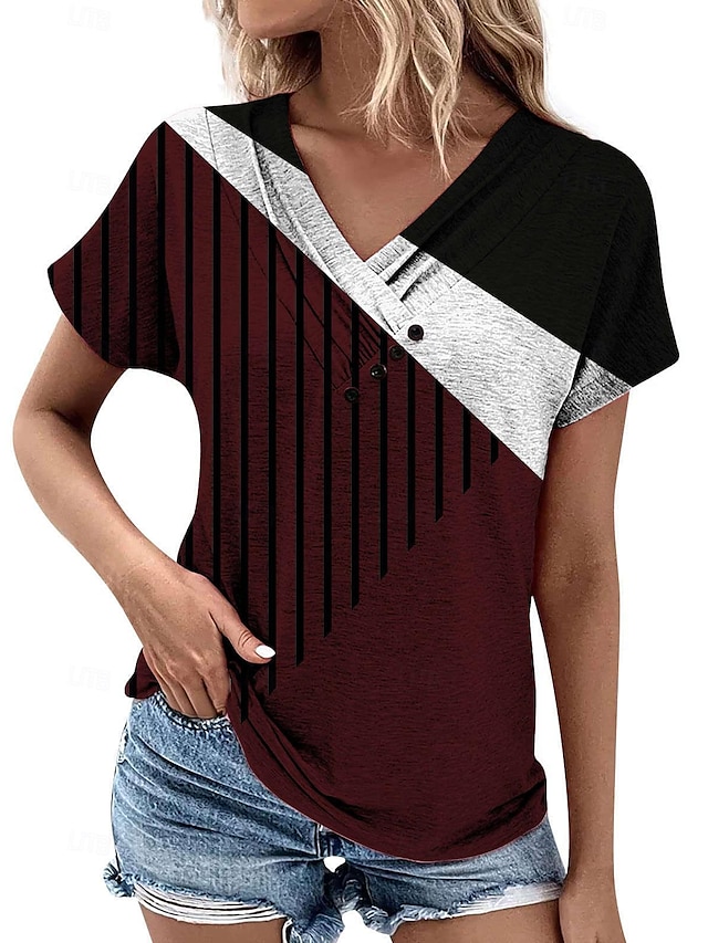  Women's T shirt Tee Color Block Striped Print Daily Weekend Fashion Short Sleeve V Neck Black Summer