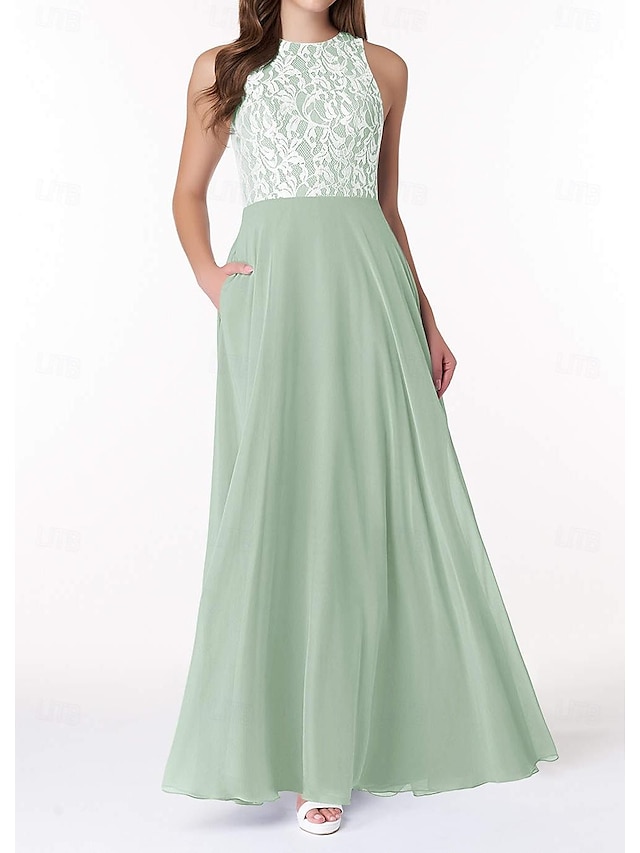  Sheath / Column Bridesmaid Dress Jewel Neck Sleeveless Elegant Floor Length Chiffon / Lace with Lace 2022