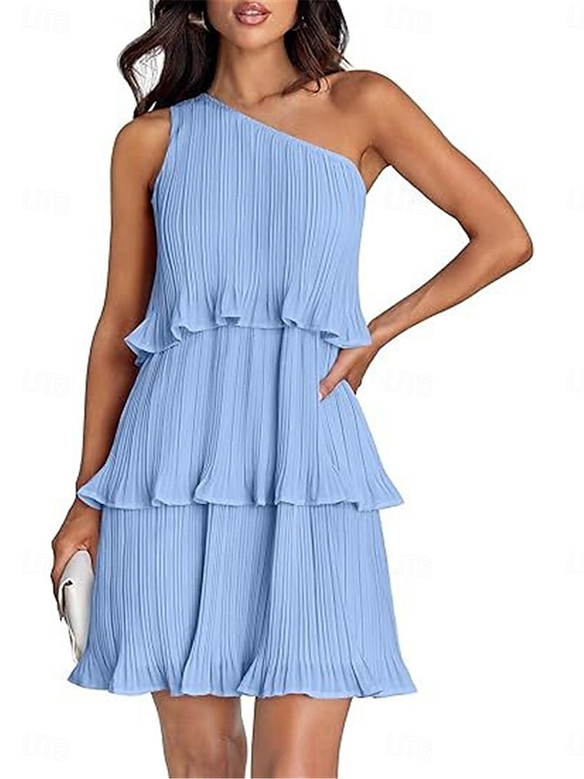  Damen Spitzenkleid Minikleid Rüsche Verabredung Urlaub Strassenmode Brautkleider schlicht Ein-Schulter Ärmellos Schwarz Weiß Rosa Farbe