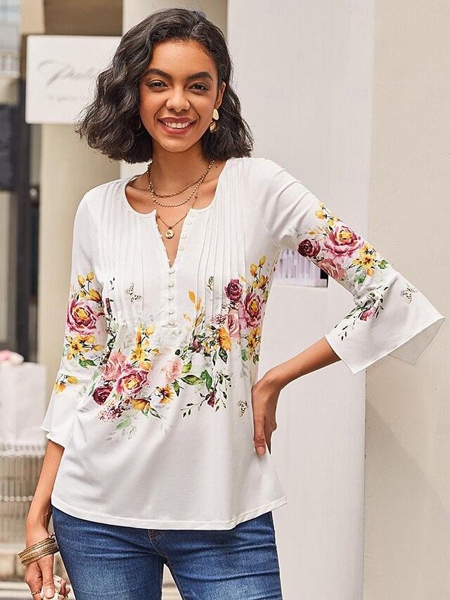 PRINTED WHITE FLOWER THREE QUARTER SLEEVE T-SHIRT SIDE POCKET FOR WOMEN'S