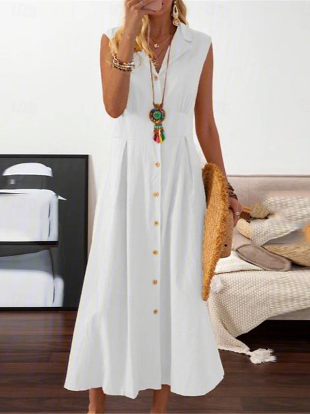  Damen Weißes Kleid Leinenkleid blusenkleid Maxidress Taste Brautkleider schlicht Täglich Hemdkragen Ärmellos Sommer Frühling Schwarz Weiß Glatt