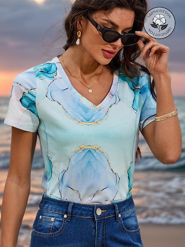  Naisten T-paita 100% puuvilla Marmoriprintti Painettu Kausaliteetti Päivittäin Painettu Lyhythihainen Pyöreä kaula-aukko Taivaan sininen Kaikki vuodenajat