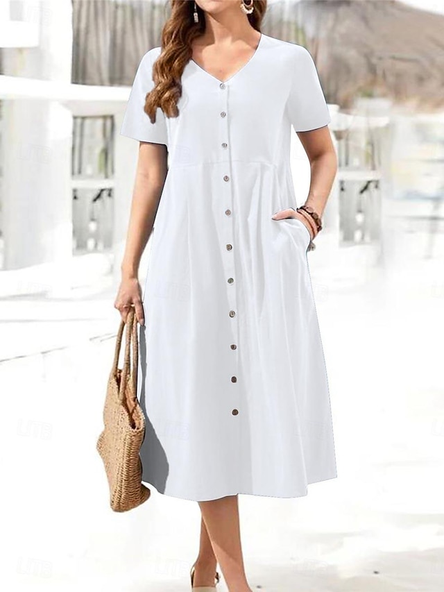  Women's Linen Dress Cotton Summer Dress White Cotton Dress Midi Dress Button Pocket Daily V Neck Short Sleeve Summer Spring White Royal Blue Plain