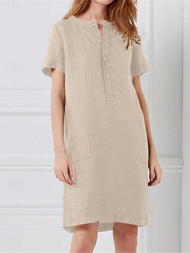 Women's Wine khaki Gray Summer Spring Midi Dress Linen-Inspired Dresses Casual Daily Loose Fit Plain Crew Neck 6