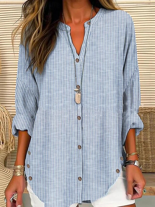Women's Shirt Blouse Casual Striped Buttons Print Long Sleeve Regular Tops V Neck Vacation Daily Blue Spring & Summer3