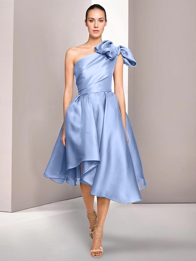  A-Line Cocktail Dresses Elegant Dress Formal Wedding Tea Length Sleeveless One Shoulder Satin with Ruched Slit 2024
