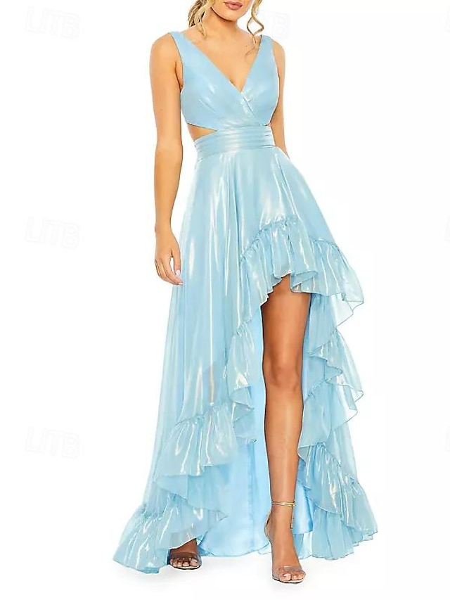  A-Line Evening Gown High Split Dress Formal Wedding Guest Asymmetrical Sleeveless V Neck Satin with Pleats Slit 2024