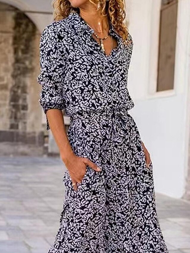 Women's Polyester Shirt Dress Floral Pocket Print Shirt Collar Long