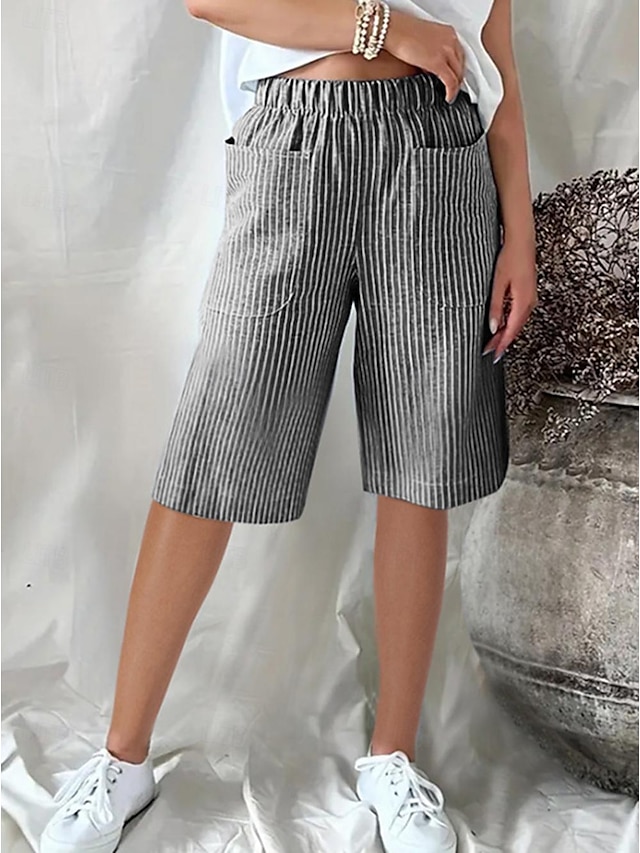 Dame Shorts Afslappet Hverdag Knælængde Stribet Lomme Elastisk talje Åndbarhed Bekvem Uelastisk I-byen-tøj Weekend Sort Gul Lyserød Navyblå Sommer Regulær