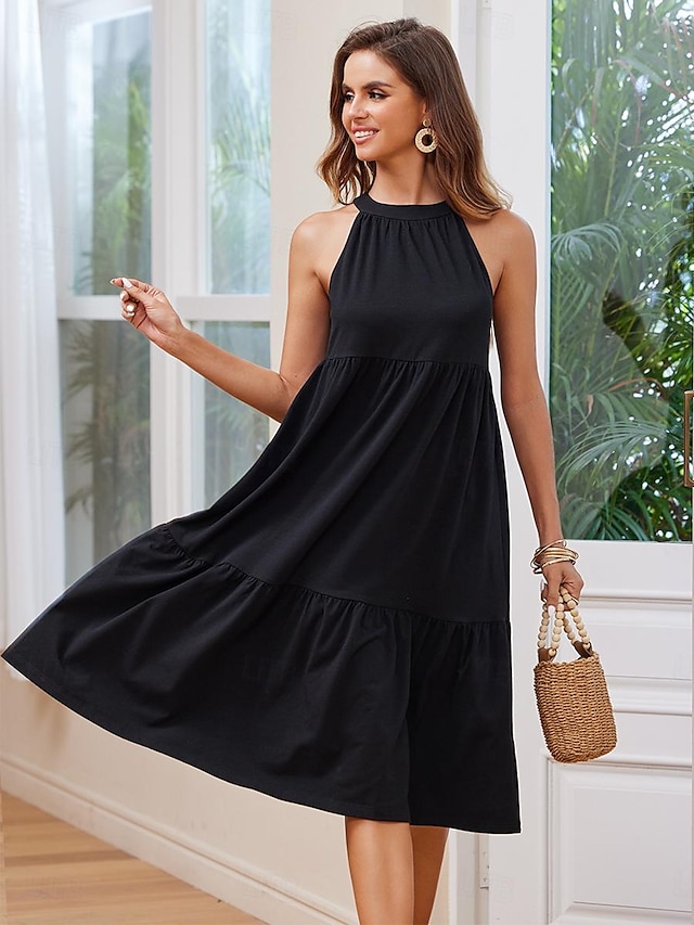  Dames Zwarte jurk Maxi-jurk Gelaagd Ruche zoom Bohemen Casual Halternek Mouwloos Zwart Kleur