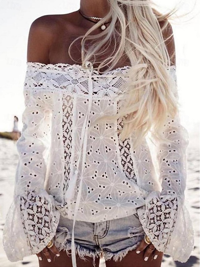  Camicia Blusa Per donna Bianco Liscio Pizzo Freddezza Strada Giornaliero Festività Stile da spiaggia Senza spalline Standard S