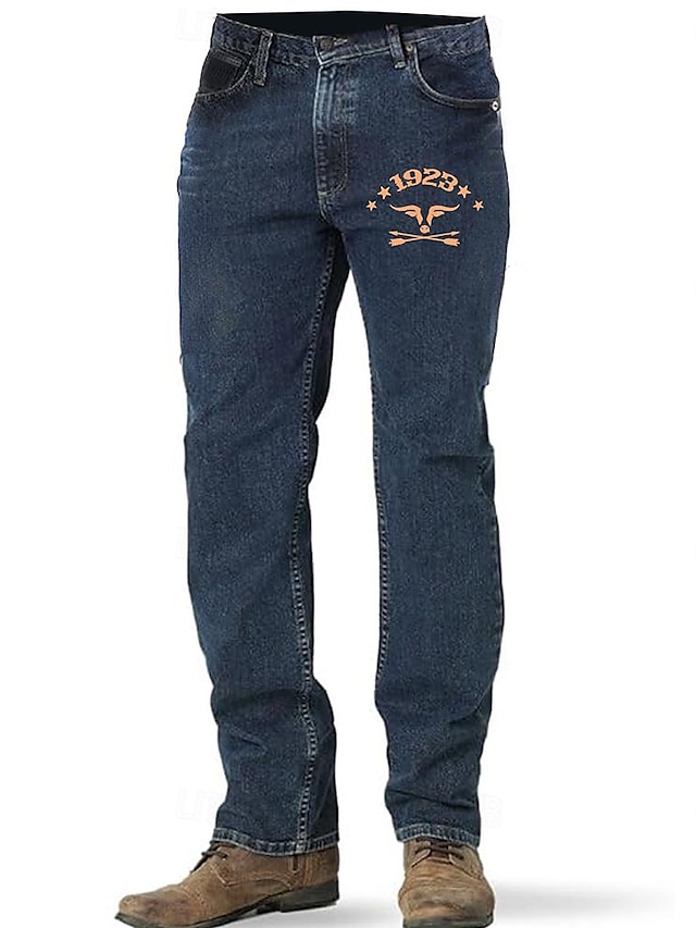  Męskie jeansy z grafiką, kowbojskie 1923, z nadrukiem, komfortowe, pełnej długości, na co dzień, w stylu vintage, slim fit jeans
