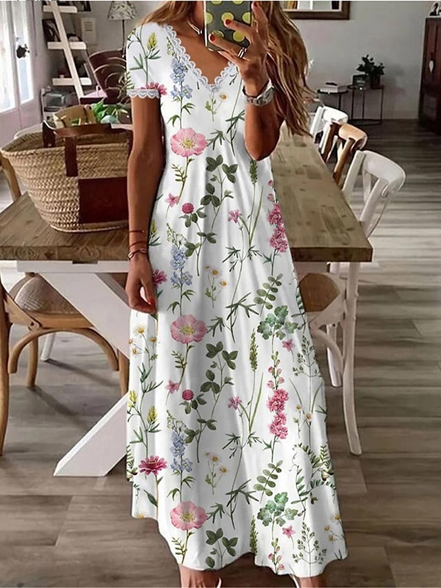  Γυναικεία Καθημερινό φόρεμα Φλοράλ Δαντέλα Κουρελού Λαιμόκοψη V Μακρύ Φόρεμα Μάξι Φόρεμα Στυλάτο Καθημερινά Ημερομηνία Κοντομάνικο Καλοκαίρι