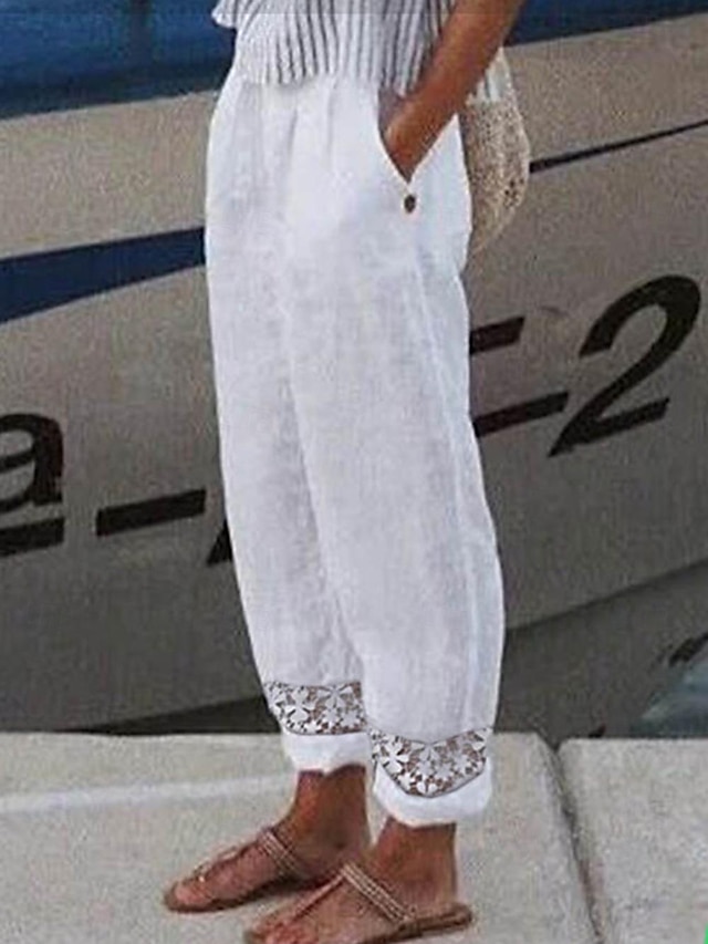  Women's Pants Trousers Linen Cotton Blend Side Pockets Cut Out Full Length White Summer