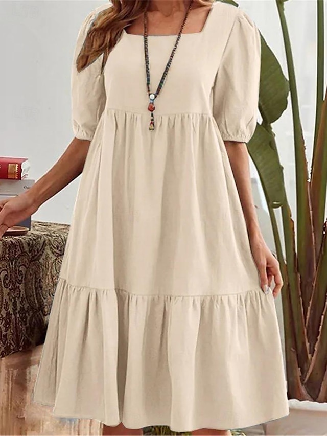  Γυναικεία Καθημερινό φόρεμα Φόρεμα από βαμβακερό λινό Μίντι φόρεμα Λινό Με Βολάν Βασικό Καθημερινά Τετράγωνη Λαιμόκοψη Κοντομάνικο Καλοκαίρι Άνοιξη Λευκό Θαλασσί Σκέτο