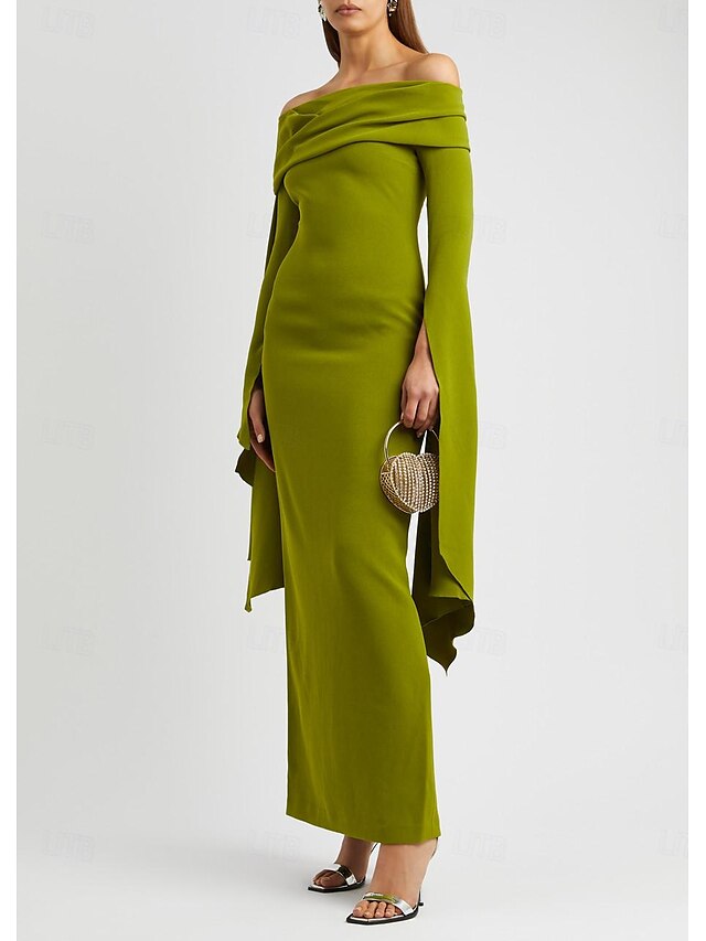  vestido de noche tubo vestido elegante verde vestido formal para invitada de boda largo hasta el suelo manga larga capas de un hombro crepé elástico con fruncido 2024