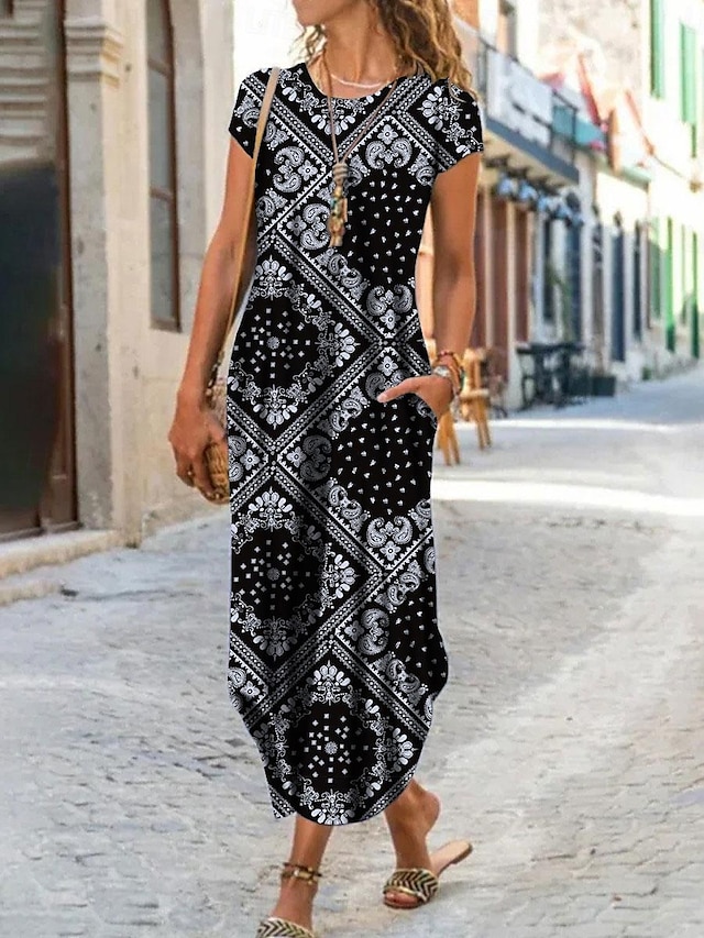  Γυναικεία Φόρεμα ριχτό Συνδυασμός Χρωμάτων Σκίσιμο Στάμπα Στρογγυλή Ψηλή Λαιμόκοψη Μακρύ φόρεμα Βίντατζ Καθημερινά Ημερομηνία Κοντομάνικο Καλοκαίρι Άνοιξη