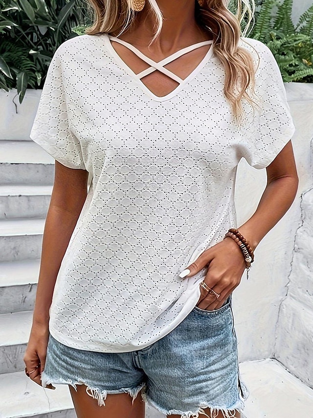  Shirt Blouse Women's White Plain Hole Street Daily Basic Modern V Neck Regular Fit S
