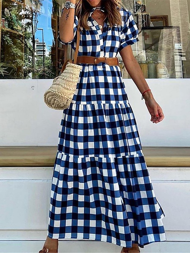  Γυναικεία Καθημερινό φόρεμα Καρό Στάμπα Κολάρο Πουκαμίσου Μακρύ Φόρεμα Μάξι Φόρεμα Βοημία Καθημερινά Κοντομάνικο Καλοκαίρι