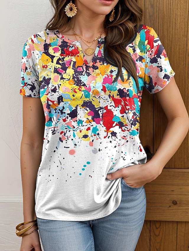  Damen T Shirt Geometrisch Täglich Urlaub Stilvoll Kurzarm V Ausschnitt Weiß Sommer