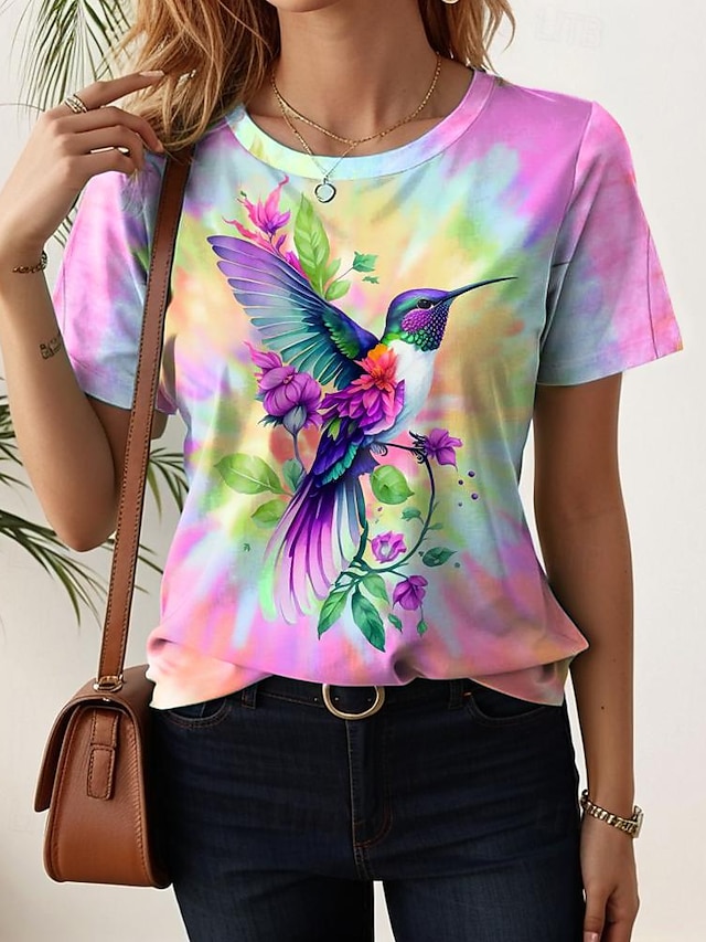  Mulheres Camiseta Pássaro Tintura Tie Dye Férias Preto Manga Curta Havaiana Gola Redonda Verão