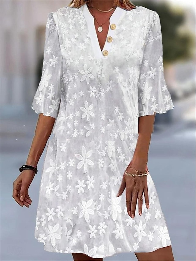  Γυναικεία Λευκό φόρεμα Μίνι φόρεμα Δαντέλα Κουμπί Διακοπές Κομψό στυλ street Καθημερινό Διχασμένος λαιμός 3/4 Μήκος Μανικιού Λευκό Χρώμα