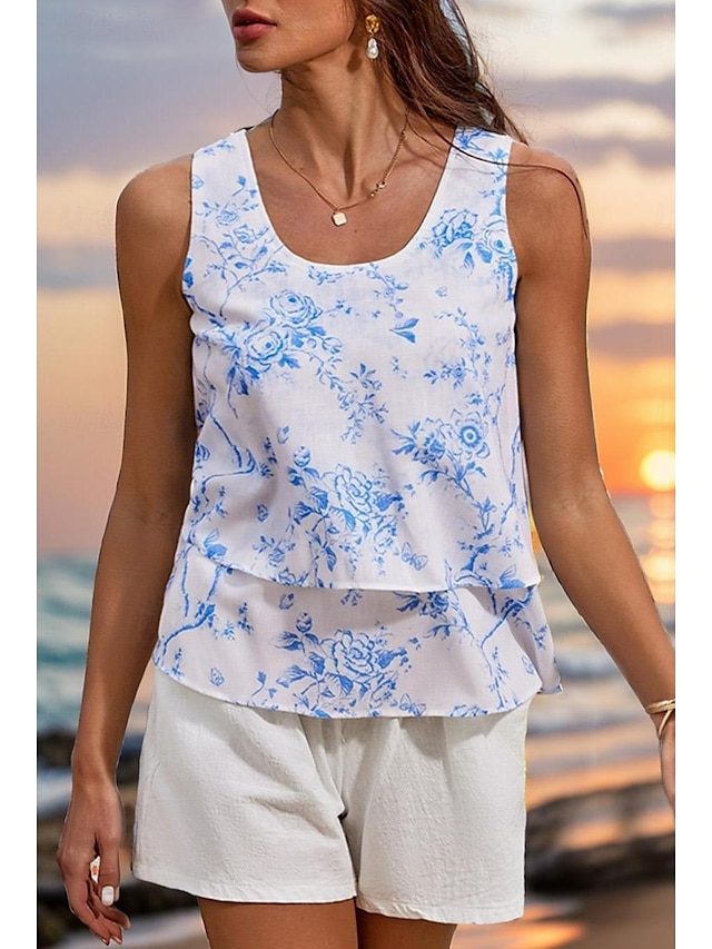  Women's Tank Top Vest Cotton Floral Casual Beach Ruffle Print Blue Sleeveless Fashion Streetwear U Neck Summer