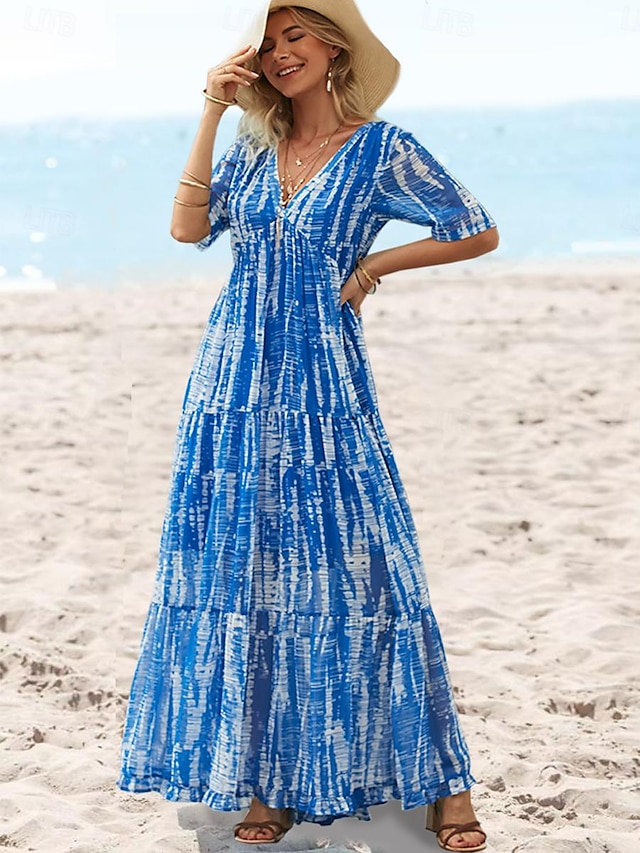  Mujer Gasa Vestido informal Vestido de raso vestido de playa Tie-dye Estampado Escote en Pico vestido largo vestido largo Vacaciones Playa Manga Corta Verano