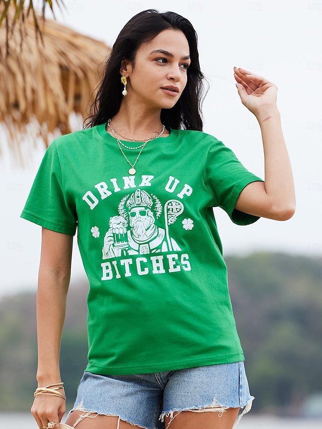  בגדי ריקוד נשים חולצה קצרה כותנה תלתן אותיות מפלגה יום פטריק הקדוש חגים דפוס שחור שרוולים קצרים קלסי מצחיק צווארון עגול Irish Shirt St. Patrick's Day T-Shirt for Women St. Patrick's Shirt unisex Luck