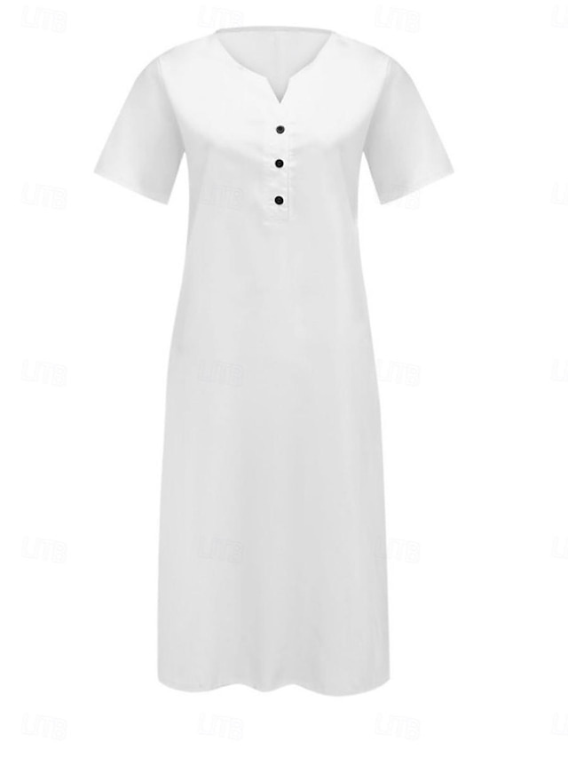  Mujer Vestido blanco Vestido de lino Vestido de algodón blanco Vestido maxi Botón Bolsillo Casual Diario cuello partido Media Manga Verano Primavera Negro Blanco Plano