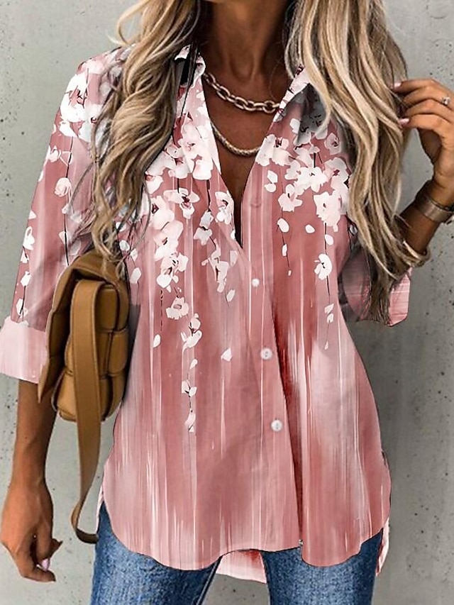  dam chiffongskjorta lätt gradient blommigt tryck ledigt button-down långärmad lapel krage toppar blus andas avslappnad passform flera storlekar