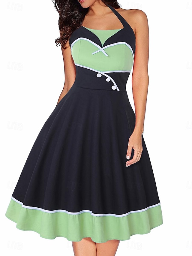  Women's Pleated Patchwork Vintage Dress Midi Dress Elegant Polka Dot Halter Neck Sleeveless Date Black Light Green